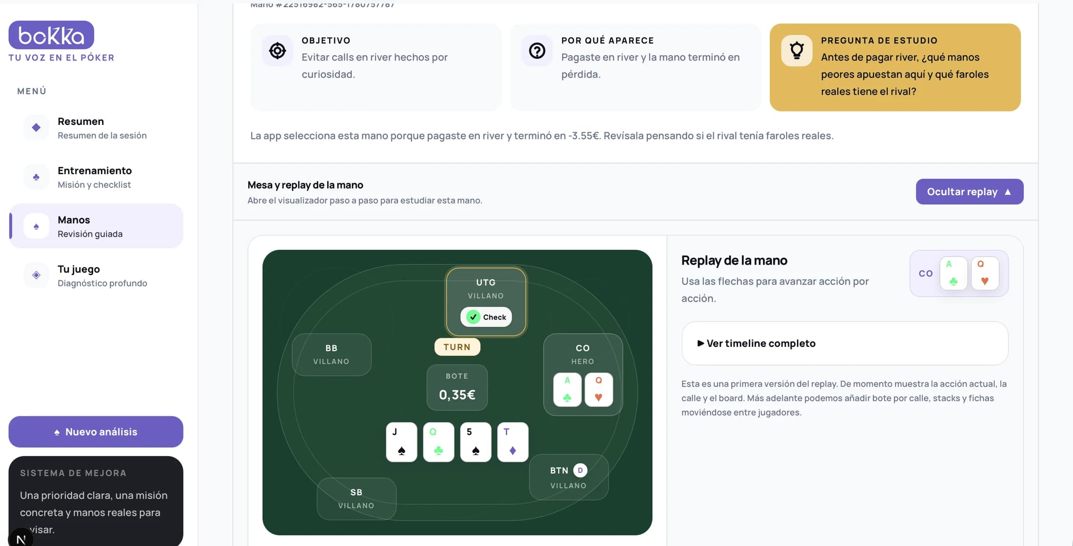 Visualizador paso a paso de una mano de póker en bokka